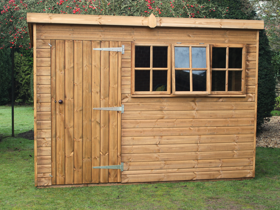 Heavy duty shed with single door, three windows, middle window opened, viewed from the front. 