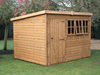 Heavy Duty shed with pent roof, with single door, front windows, viewed from the front/left side. 