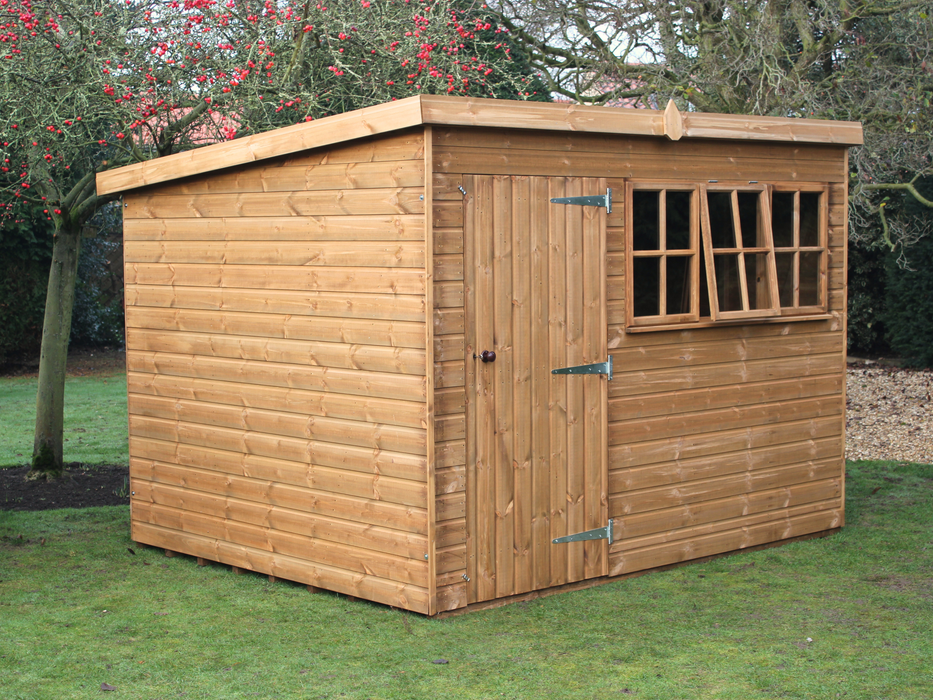 Heavy Duty shed with pent roof, with single door, front windows, viewed from the front/left side. 