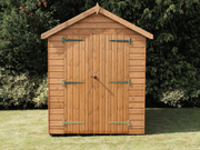 Heavy duty shed with apex roof and double doors, viewed from the front. 