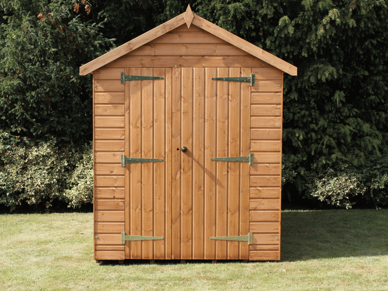 Heavy duty shed with apex roof and double doors, viewed from the front. 