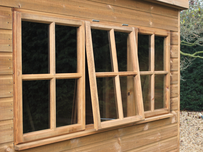 Close up of the front windows on the heavy duty pent shed.