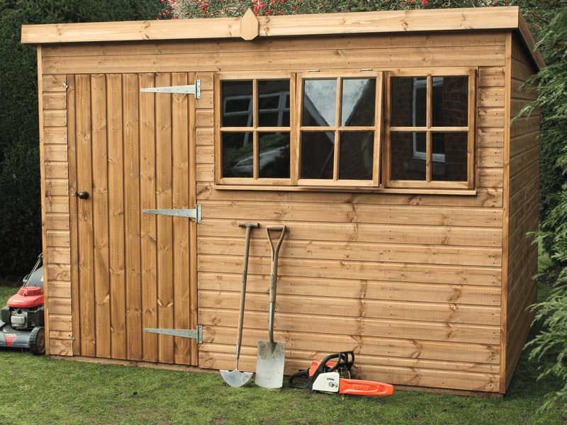 Heavy Duty shed with pent roof, with single door and front windows, viewed from front.