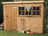 Heavy Duty shed with pent roof, with single door and front windows, viewed from front.