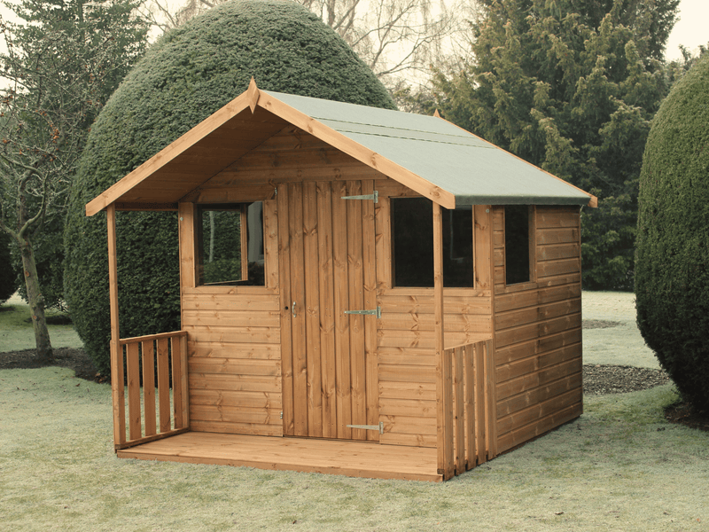 Wooden summerhouse with single door and surrounding windows, viewed from the front/right side.
