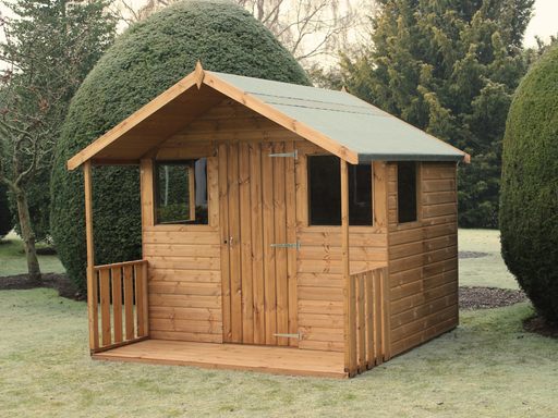 Wooden summerhouse with single door and suurounding windows, viewed from the front/right side.