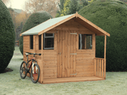 Wooden summerhouse with single door, and 4 surrounding windows, viewed from the front/left side. 