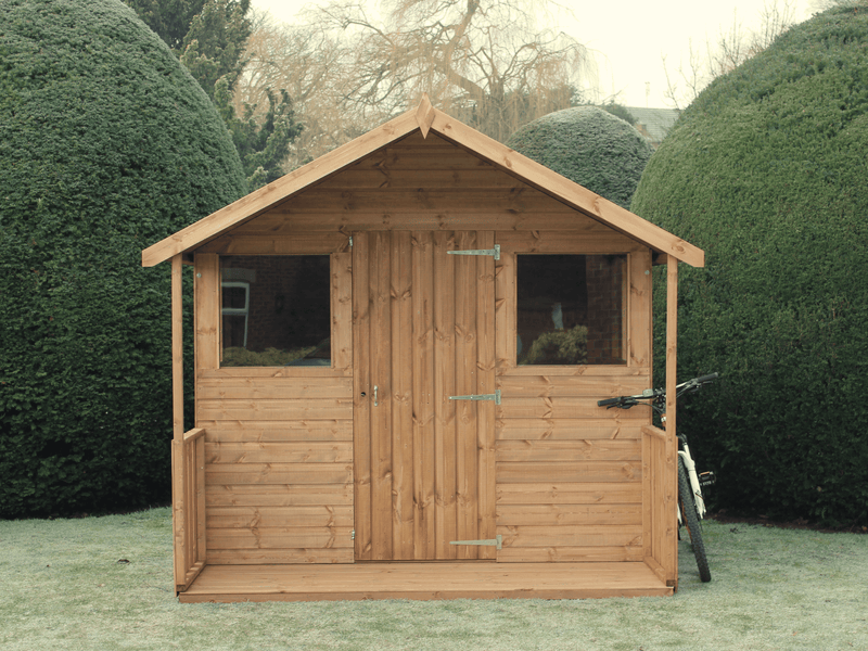 Wooden summerhouse with single door, 1 window on either side of door, viewed from the front. 