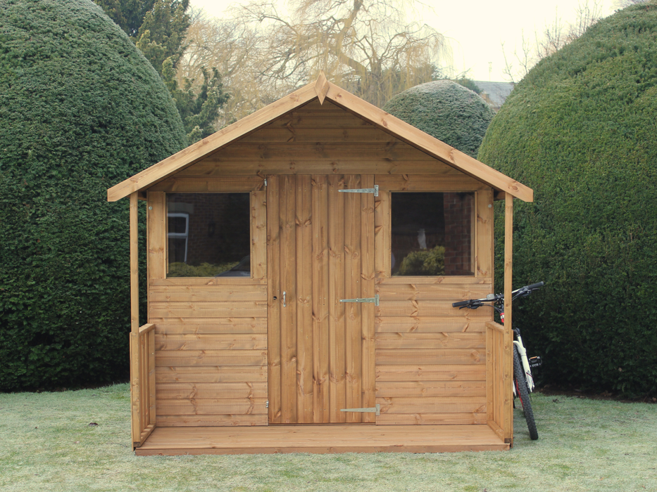 Wooden summerhouse with single door, 1 window on either side of door, viewed from the front. 