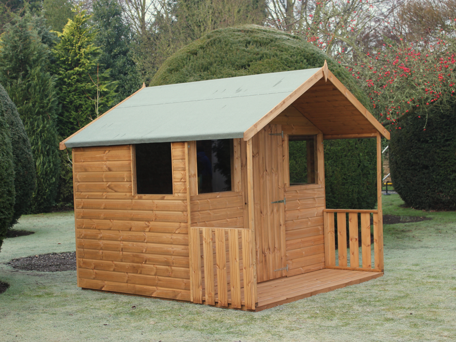 Wooden summerhouse with single door, 4 windows, viewed from the left side.