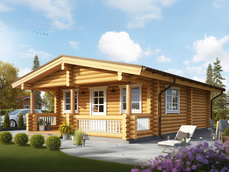 Humberland residential log cabin, viewed from the front