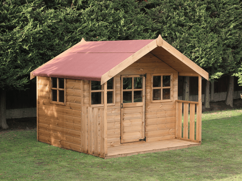 Wooden playhouse with red roof, side window, windows on either side of single door, viewed from the left side. 