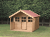 Wooden playhouse with red roof, side window, windows on either side of single door, viewed from front/right side. 
