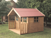 Wooden playhouse with red roof, side window, viewed from the right side. 