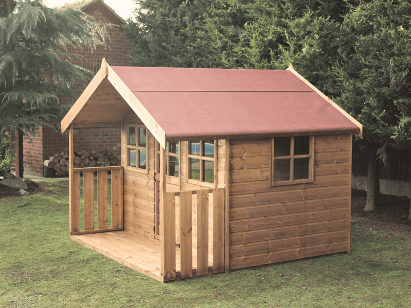 Wooden playhouse with red roof, side window, viewed from the right side. 