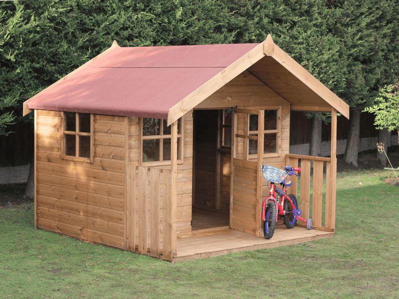 Wooden playhouse with windows on either side of opened single door, side windows, viewed from the front/left side. 
