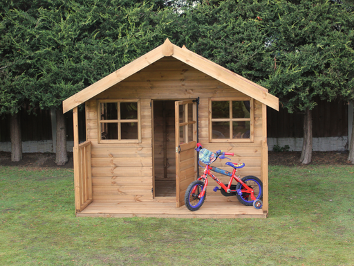 Wooden playhouse with windows on either side of single door, viewed from the front. 