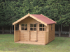 Wooden playhouse with red roof, side window, windows on either side of single door, viewed from front/right side. 