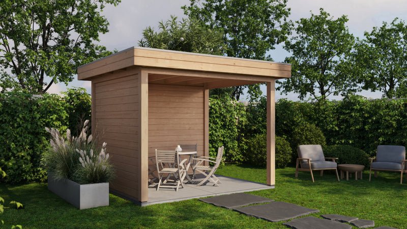 Small wooden gazebo. Viewed from front/left side. 