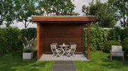 Small, brown wooden gazebo. Viewed from the front. 