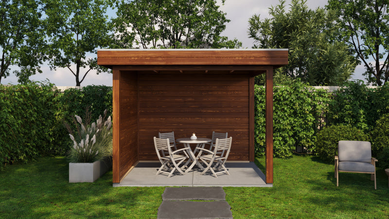Small, brown wooden gazebo. Viewed from the front. 