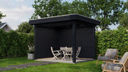 Small, black wooden gazebo. Viewed from front/right side. 