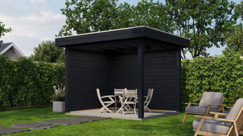 Small, black wooden gazebo. Viewed from front/right side. 