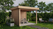 Small wooden gazebo. Viewed from the front/left side. 