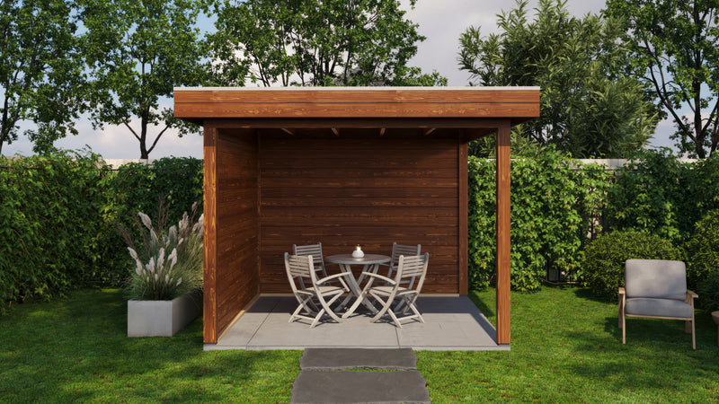 Small, brown wooden gazebo. Viewed from the front. 