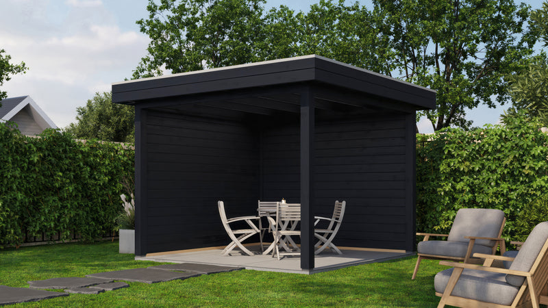 Small, black wooden gazebo. Viewed from the front/right side. 
