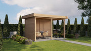 Rectangular wooden gazebo. Viewed from the front/left side. 