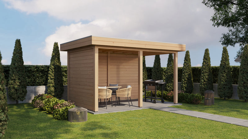 Rectangular wooden gazebo. Viewed from the front/left side. 