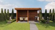 Brown, rectangular wooden gazebo. Viewed from the front. 