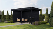 Black, rectangular wooden gazebo. Viewed from front/right side. 