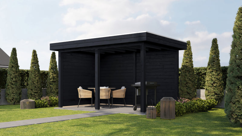 Black, rectangular wooden gazebo. Viewed from front/right side. 