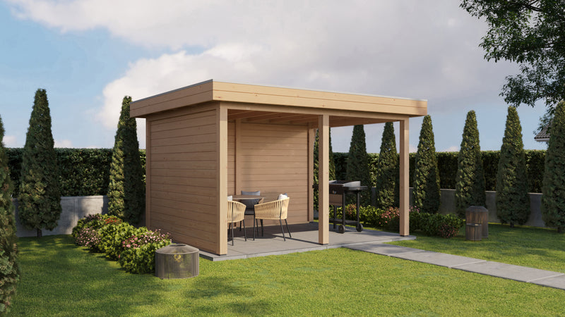 Wooden gazebo. Viewed from front/left side. 