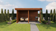 Brown wooden gazebo. Viewed from the front. 
