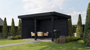 Black wooden gazebo. Viewed from the front/right side. 