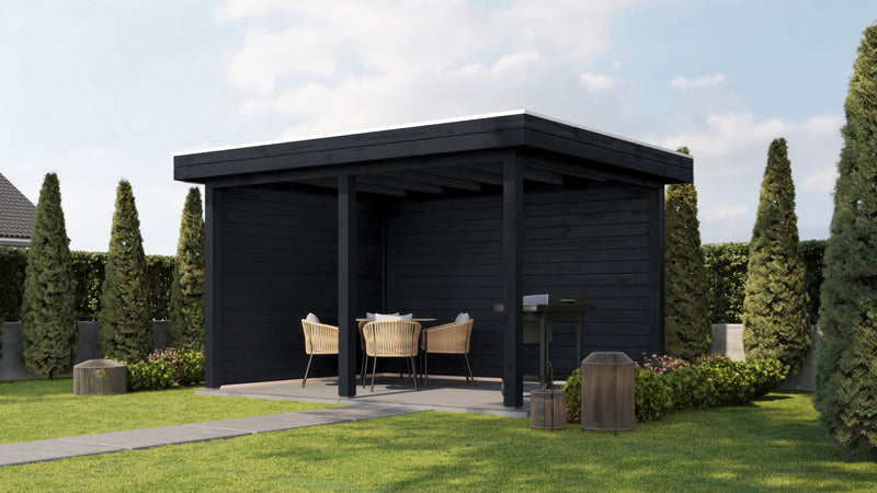Black wooden gazebo. Viewed from the front/right side. 