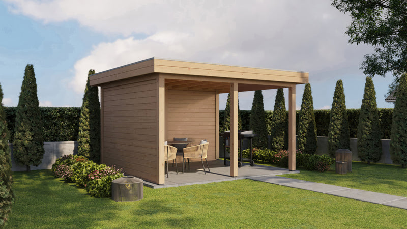 Wooden gazebo. Viewed from the front/right side. 