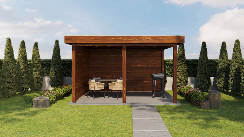Brown wooden gazebo. Viewed from the front. 