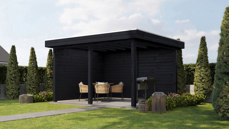 Black wooden gazebo. Viewed from front/right side. 