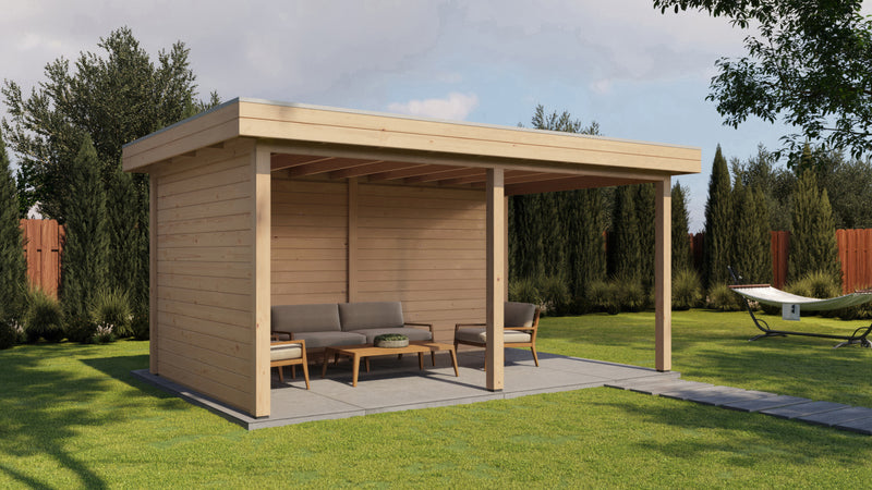 Large, rectangular wooden canopy. Viewed from the front/left side. 