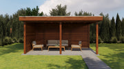 Large, rectangular brown wooden gazebo. Viewed from the front. 