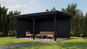 Large, rectangular black wooden gazebo. Viewed from the front/right side.