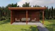 Large, rectangular brown wooden gazebo. Viewed from the front. 