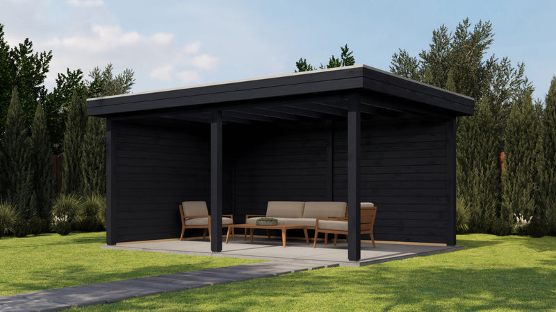 Large, rectangular black wooden gazebo. Viewed from the front/right side. 