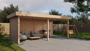 Large, rectangular wooden gazebo, viewed from the front/left side. 