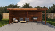 Large, rectangular brown wooden gazebo. Viewed from the front. 