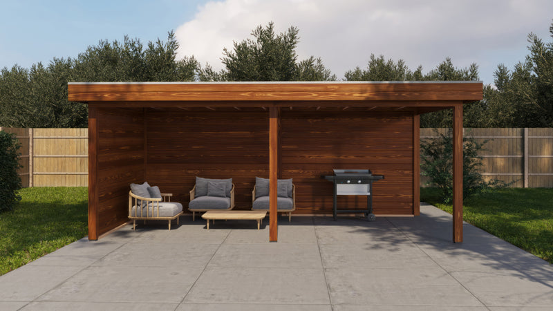 Large, rectangular brown wooden gazebo. Viewed from the front. 